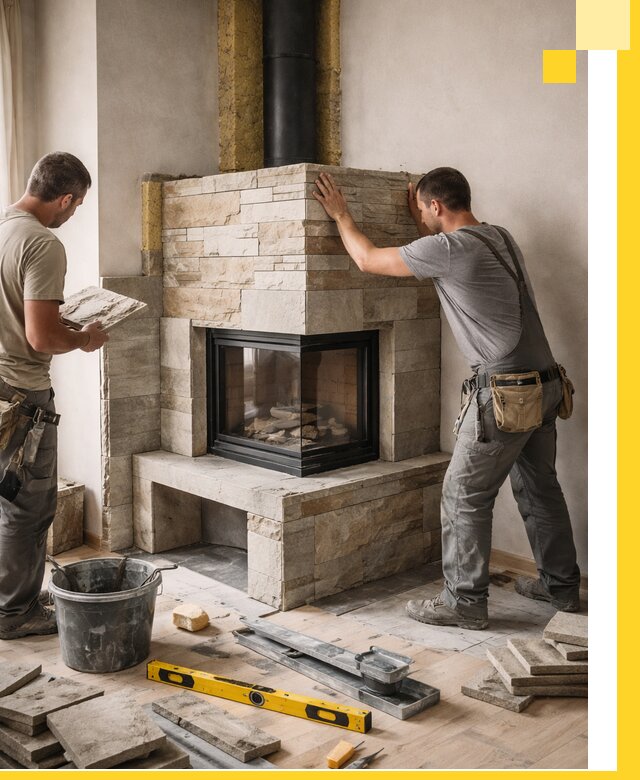 Угловые камины под ключ проект, монтаж и отделка в Каменке