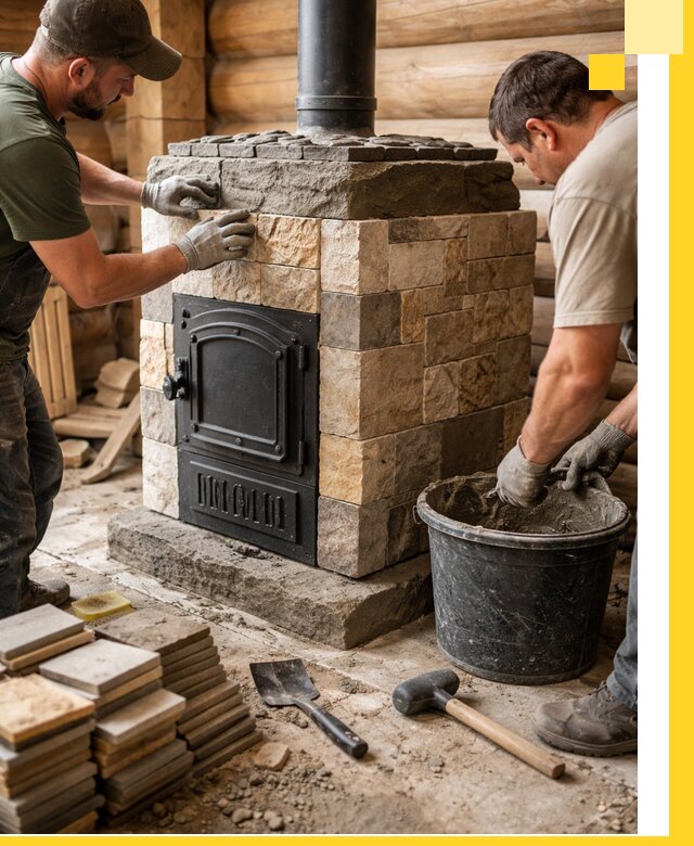 Облицовка банной печи под ключ в Каменке: камень и плитка