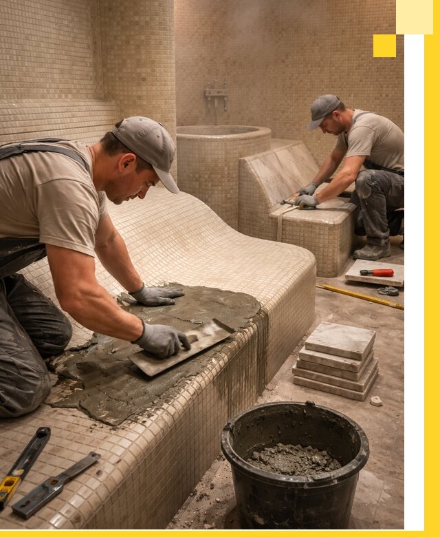 Лежаки для хамама под ключ в Каменке, проект и монтаж